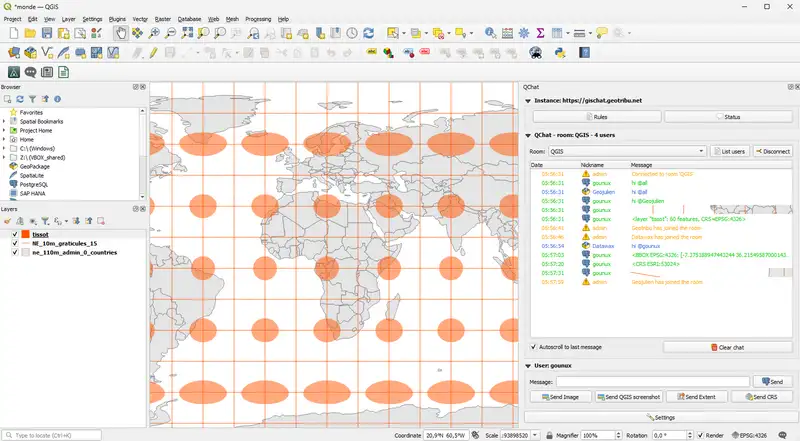 QGIS screen with chat messages in QChat