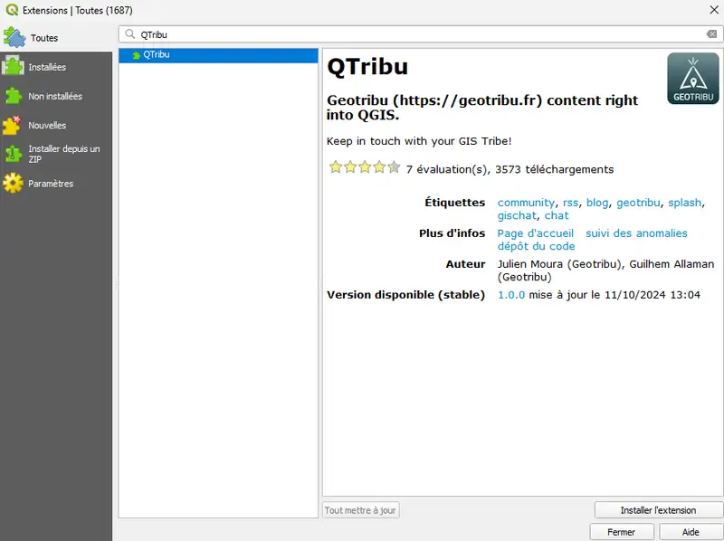 QGIS - Gestionnaire des extensions QGIS pour l'installation du plugin QTribu