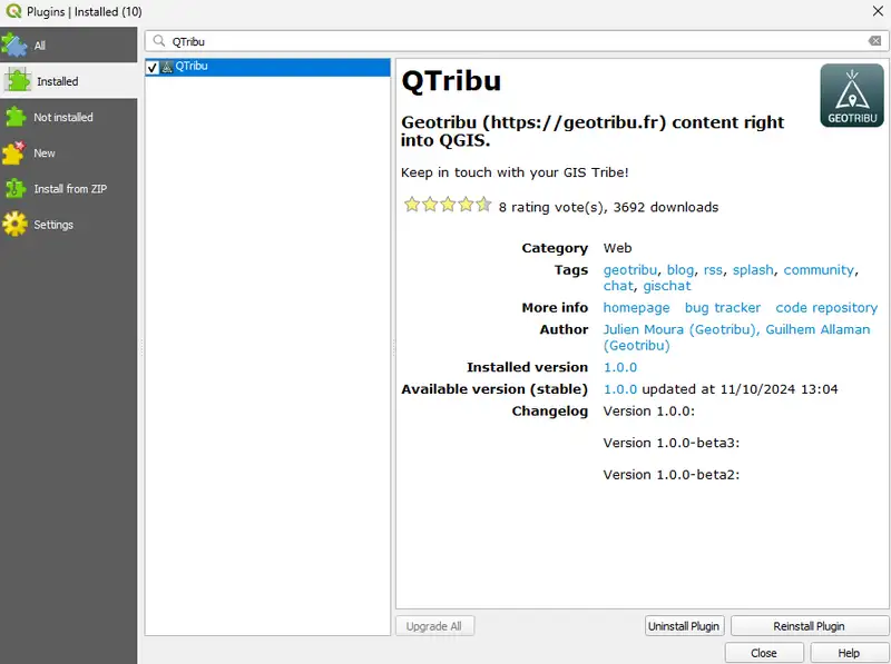 QGIS - QTribu plugin installation in the QGIS plugin manager