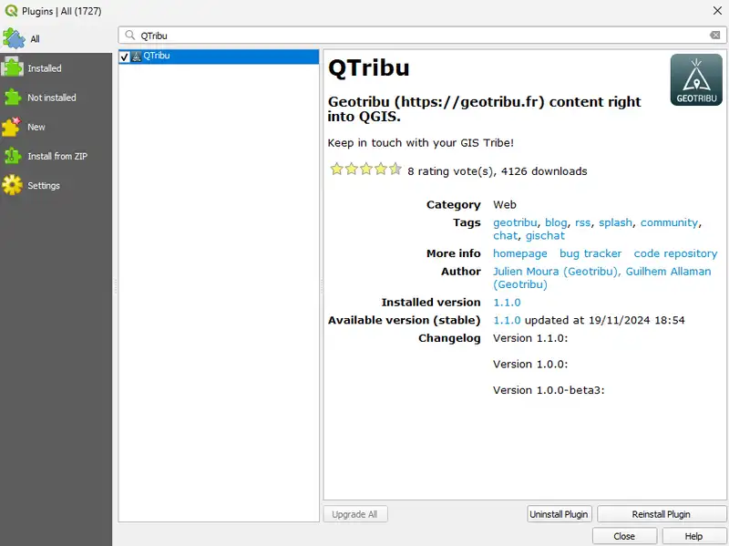 QGIS - QTribu plugin installation in the QGIS plugin manager