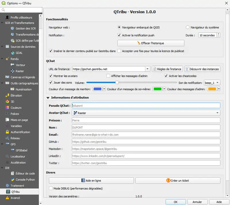 Écran des paramètres du plugin QTribu