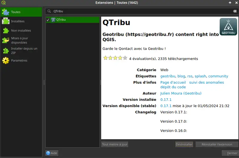 fenêtre du gestionnaire des extensions QGIS avec QTribu sélectionnée