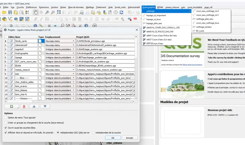 QGIS - Exemple de menus générés par le plugin Layers Menu From Project