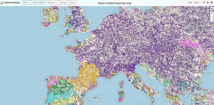 Connectivité globale des cours d'eau sur waterwaymap - Crédit : waterwaymap.org