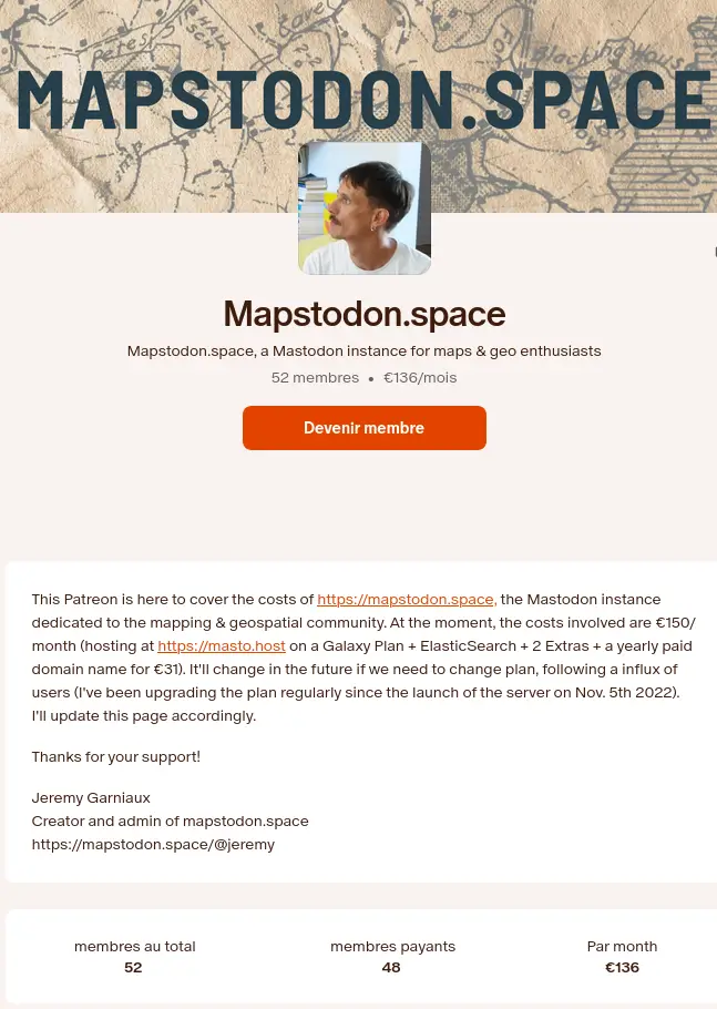 Page Patreon pour l'instance Mapstodon