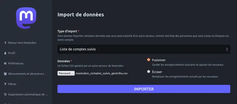 Mastodon - Interface d'import de comptes suivis