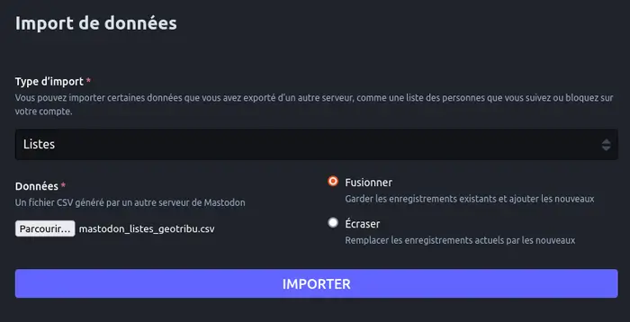 Mastodon - Interface d'import des listes