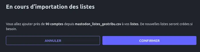 Mastodon - Confirmation d'import des listes