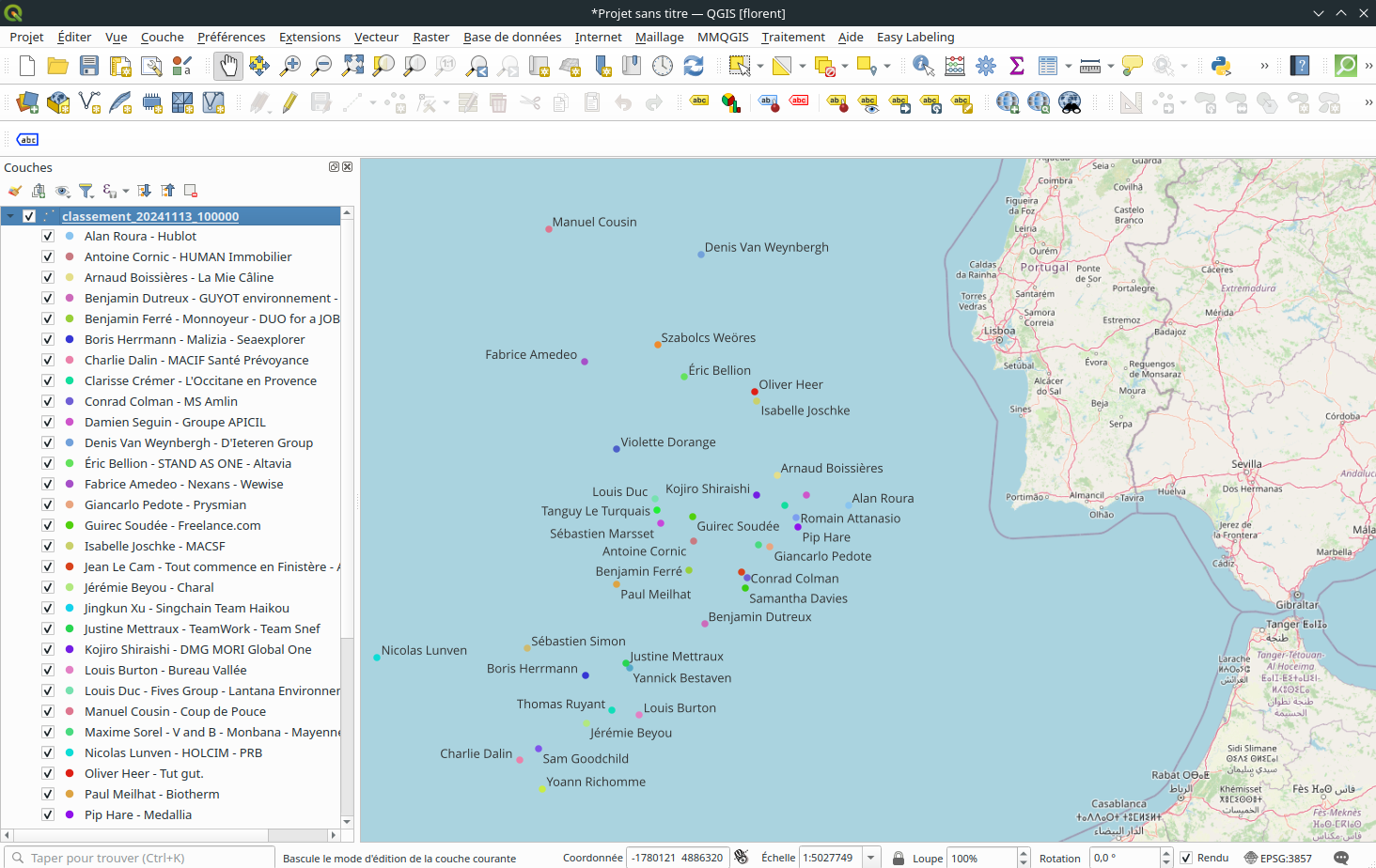 Screenshot QGIS - Layer of positions of the last pointing