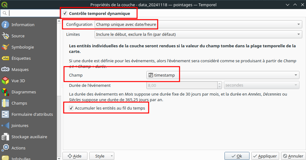 QGIS - Configuration de l'onglet Temporel