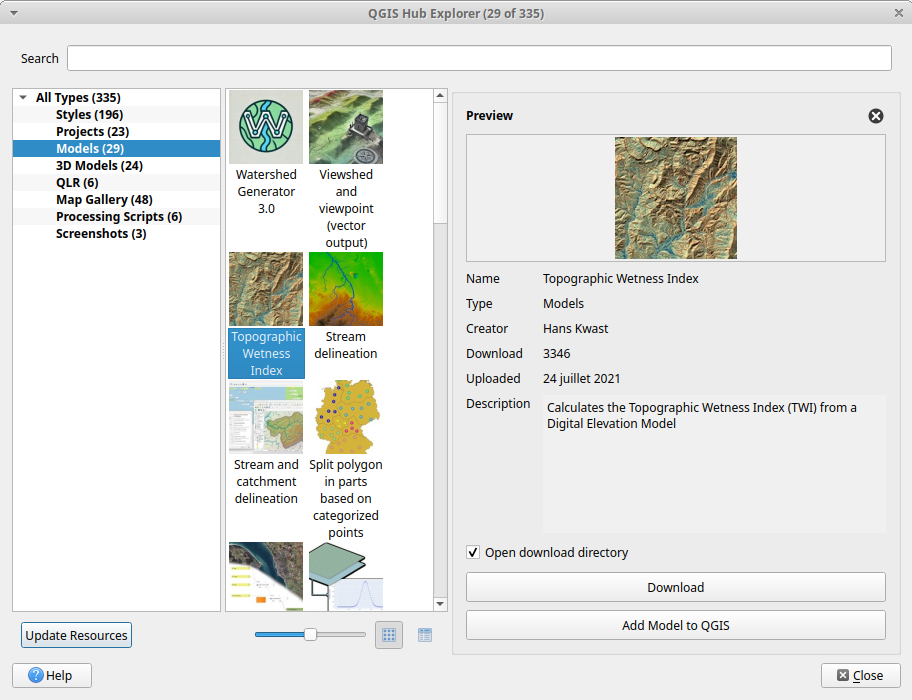 Capture d'écran de l'extension QGIS Hub.