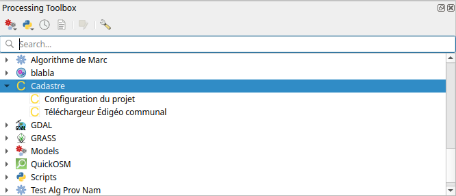 Capture d'écran des outils de l'extenstion Cadastre dans la Processing Toolbox