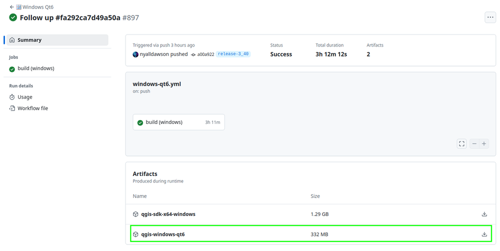 GitHub Actions - Résumé d'un job du workflow QGIS Windows Qt6