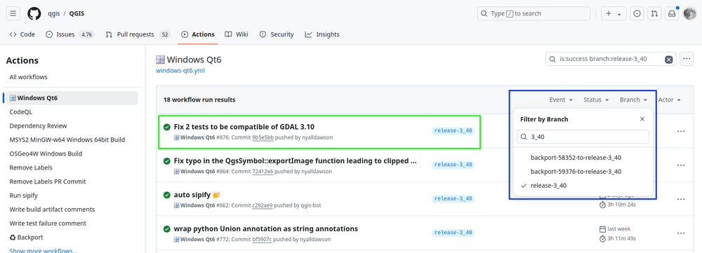 GitHub Actions - Jobs du workflow QGIS Windows Qt6