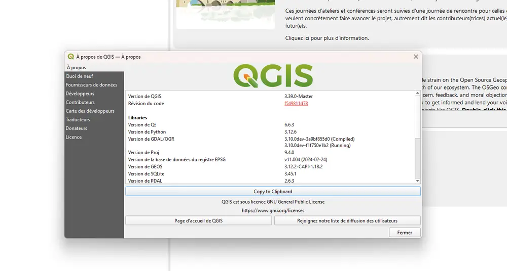 QGIS - OSGeo4W Qt6 - Capture d'écran du menu À propos