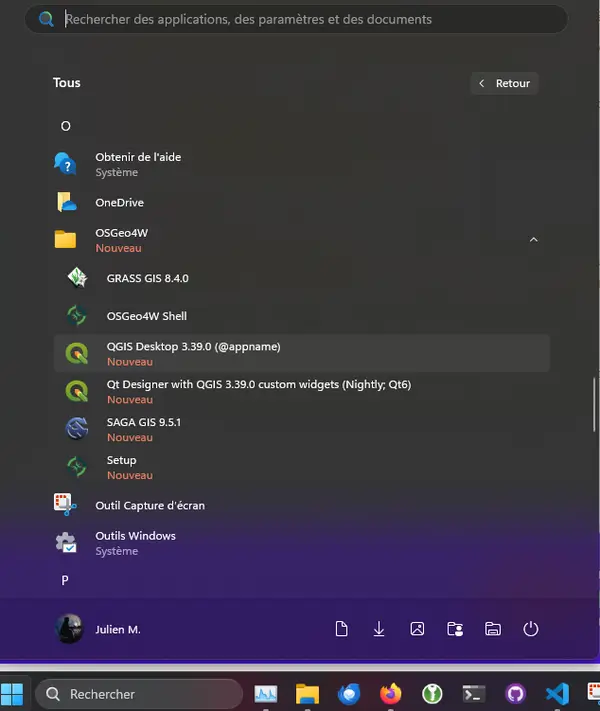 QGIS dans le menu démarrer de Windows