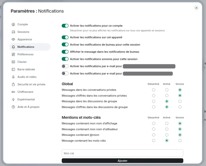 Paramètres de notifications Element