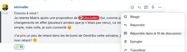 Bouton pour créer un nouveau fil de discussion via le menu contextuel d'un message