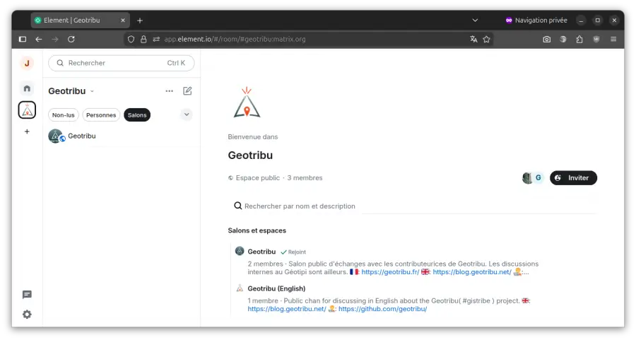 L'espace Geotribu sur le réseau Matrix (Element)
