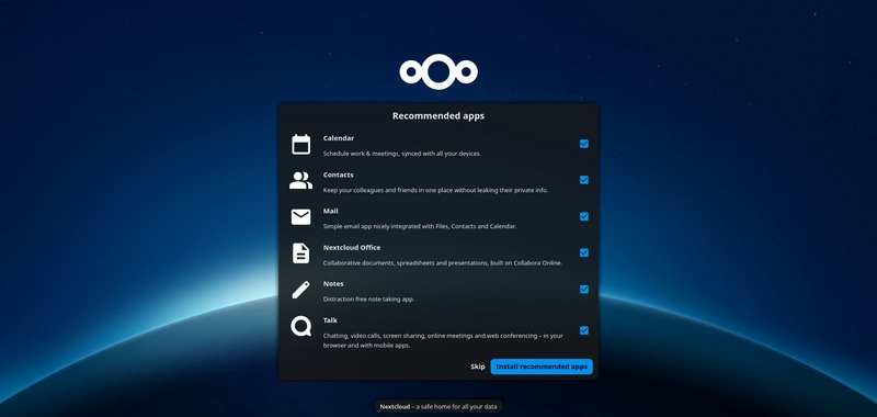Écran d'accueil lors de la finalisation après la création d'un compte NextCloud