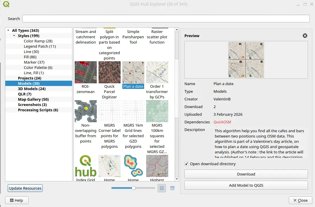 modele "plan a date" de l'article dans le model hub de QGIS