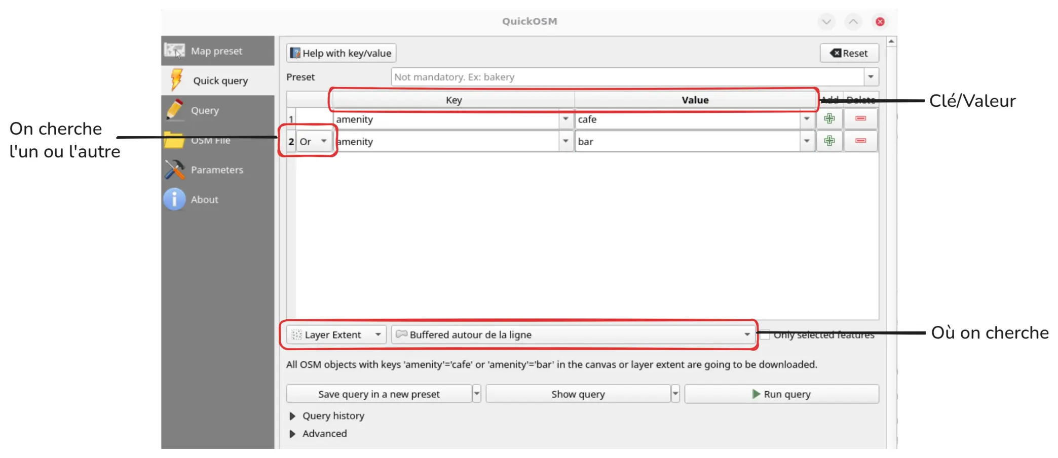 Interface de QuickOSM pour query les cafés et les bars