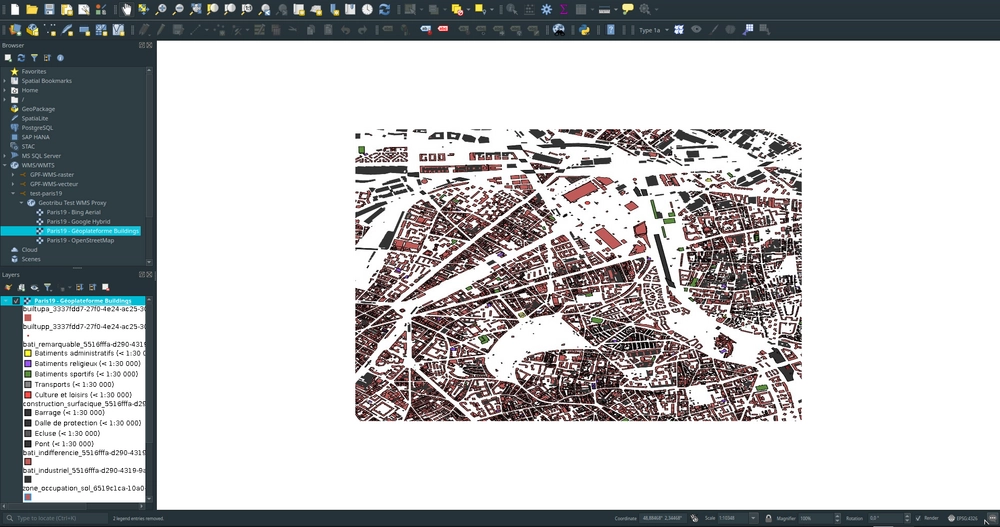 Affichage d'une couche de buildings de la Géoplateforme dans QGIS