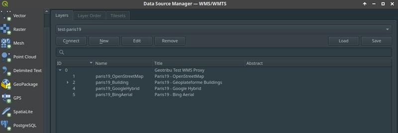 Écran avec liste des couches WMS fournies par notre connexion WMS dans QGIS