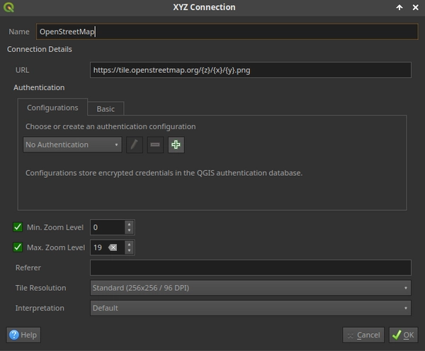 Configuration d'une source XYZ avec les tuiles d'OpenStreetMap