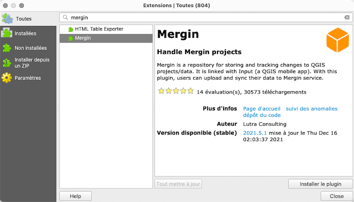Installation du plugin Mergin dans QGIS