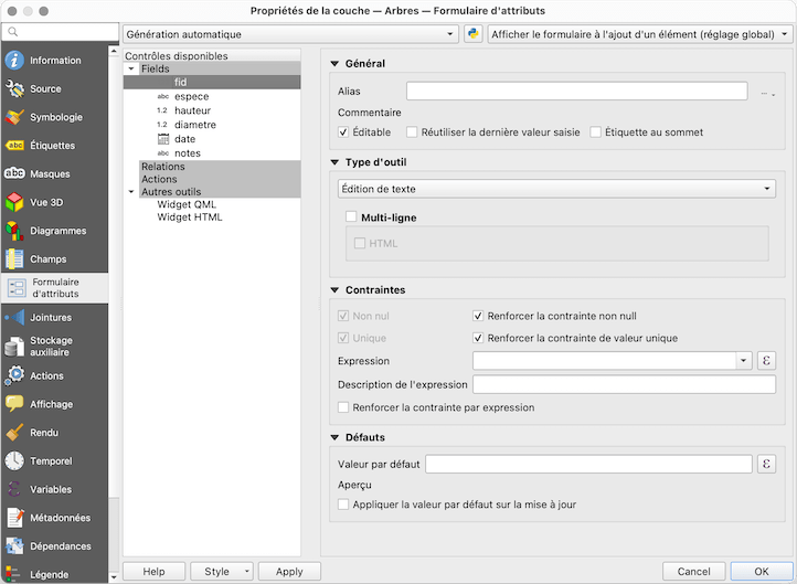 Le formulaire d’attributs dans QGIS