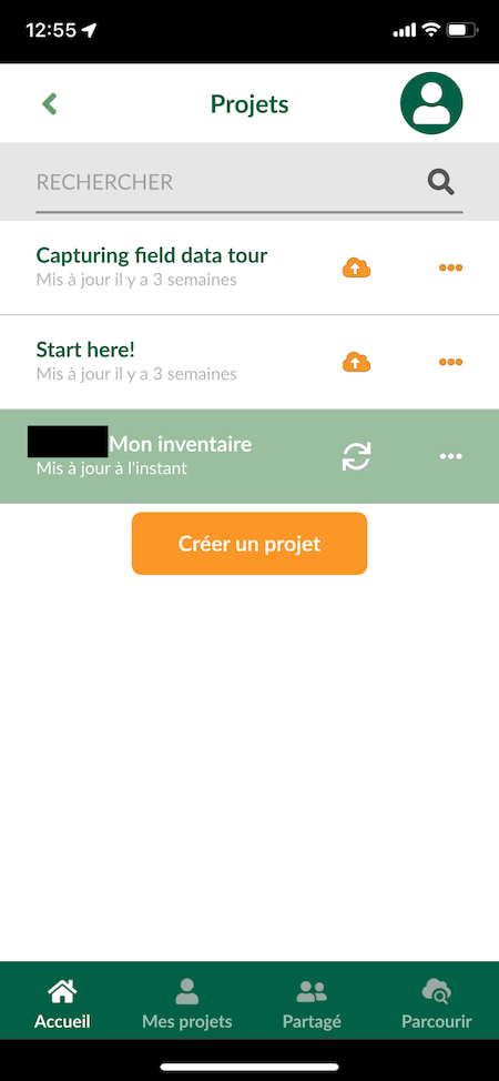 Synchronisation du projet dans la page « Projets » de l’application Input