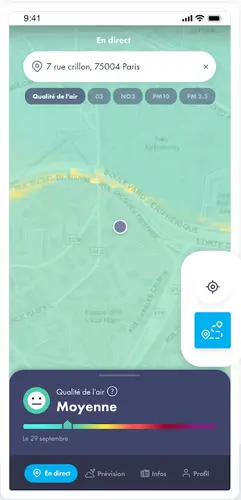 capture d'écran appli AirParif carte qualité de l'air