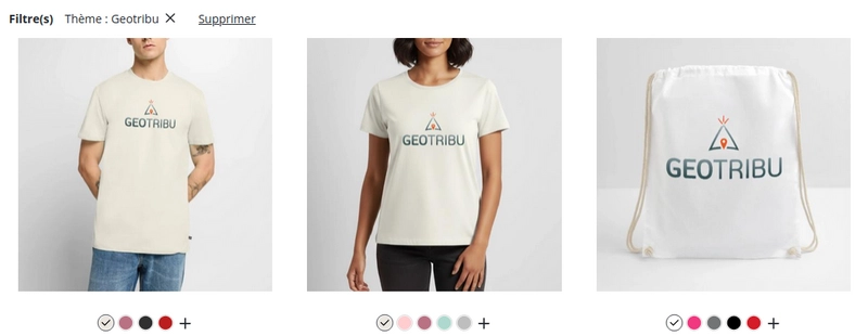 Quelques articles de goodies Geotribu disponibles sur la boutique QGIS-fr