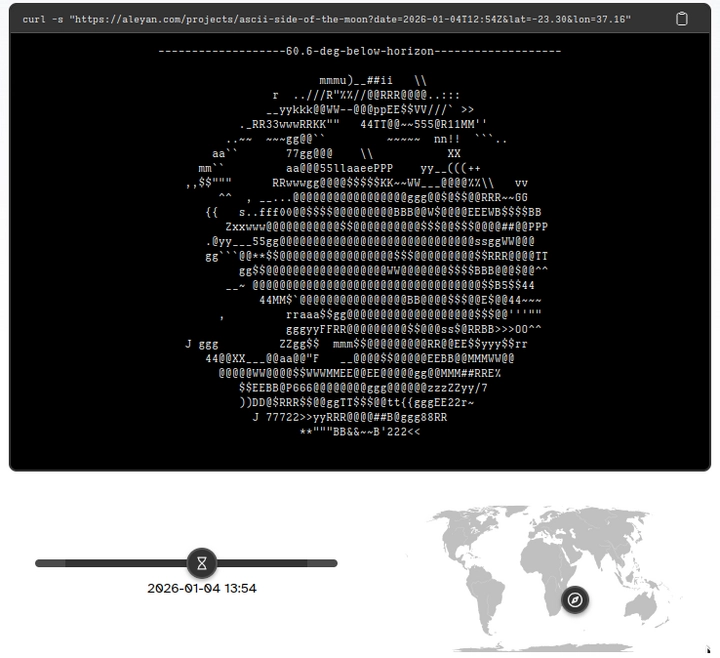 Écran de la lune en ASCII, vue depuis l'océan Indien en date du 4 janvier 2026