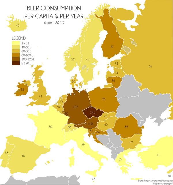 Carte de la consommation de bière en Europe