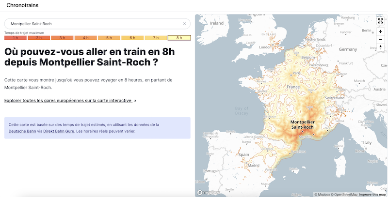 Capture Chronotrains - Isochrone ferroviaire 8h depuis Montpellier