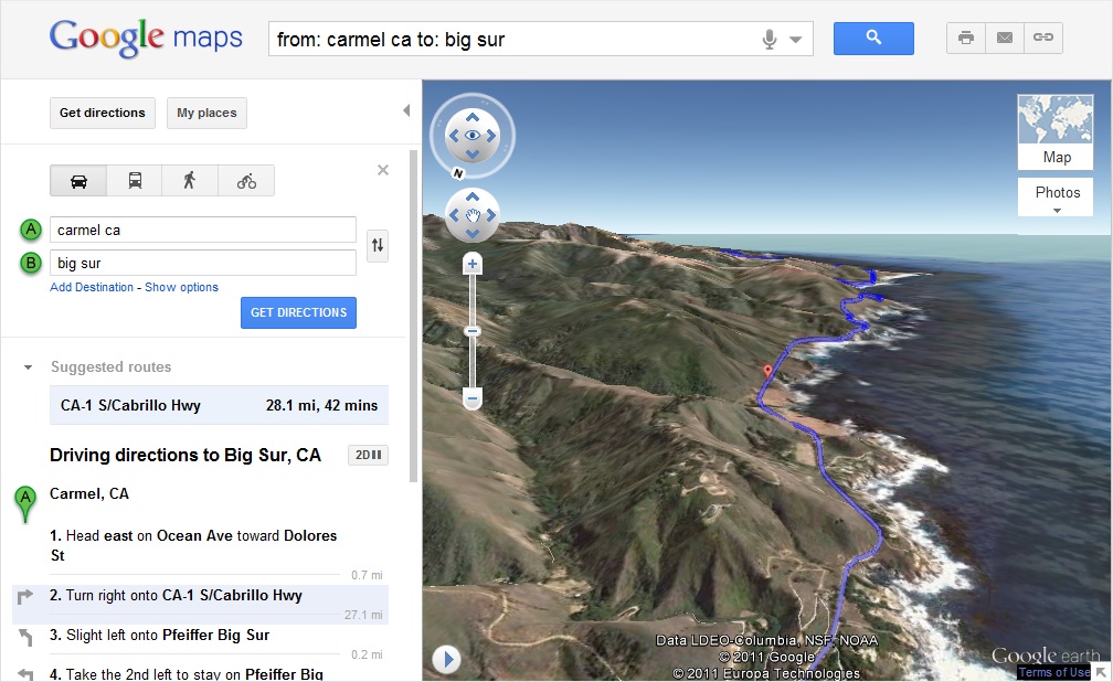 Google Maps, vue inclinée