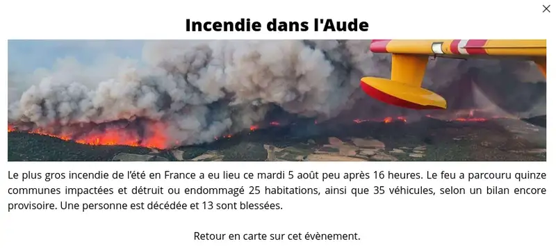 Écran d'introduction de la carte narrative sur l'incendie dans l'Aude - macarte.ign.fr - Jean-Marc Viglino