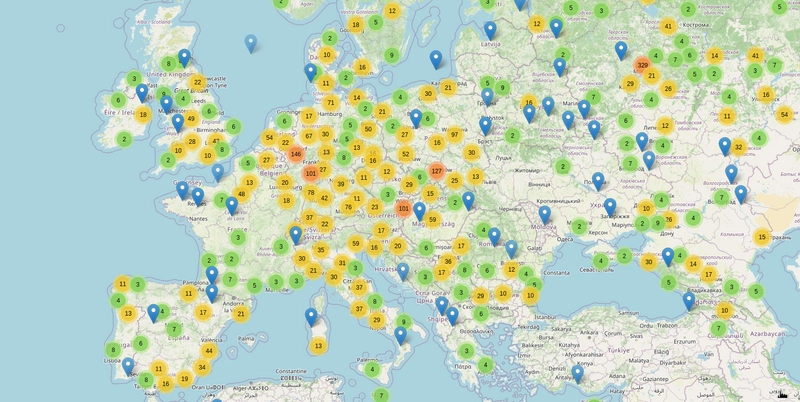 Carte des noeuds MeshMap sur l'Europe