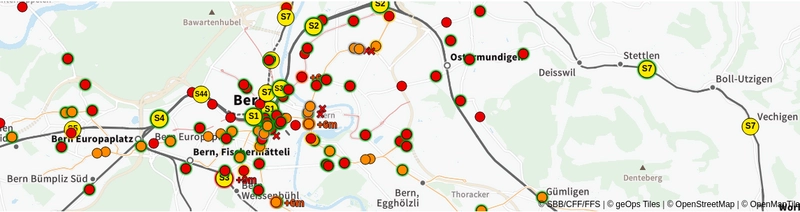 Écran montrant des véhicules en temps réel avec MapLibre et mobility-toolbox-js