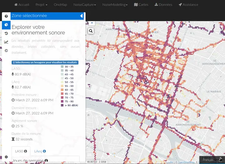 Écran de la carte web interactive NoiseCapture