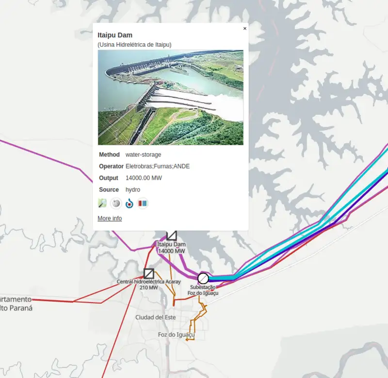 Ecran d'OpenInfraMaps centré sur le barrage d'Itaipu