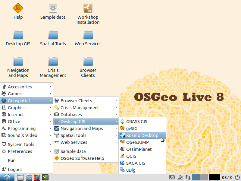 Menu d'OSGeo Live 8