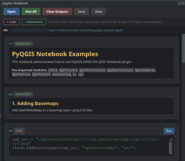 Widget du plugin notebooks dans QGIS