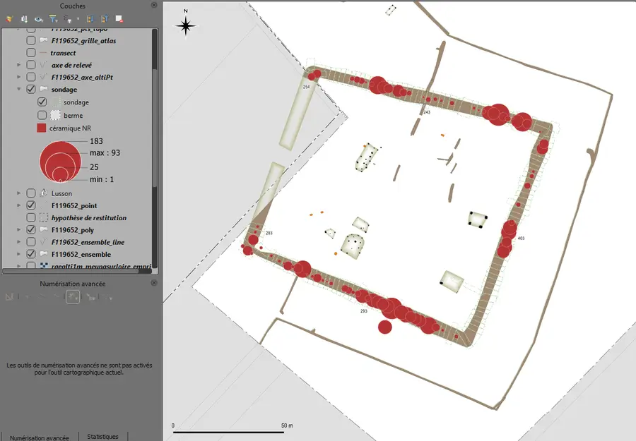 Exemple d’analyse dans Qgis de répartition des rejets de céramique sur un site gaulois - Crédits : Ophir LOJKINE