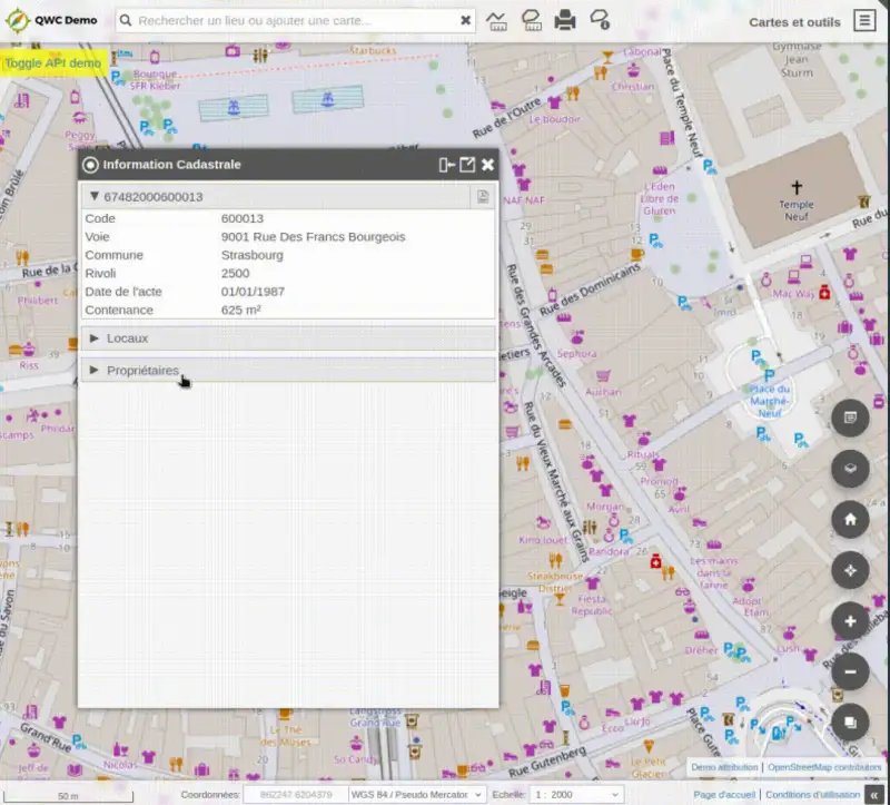 Écran du module Cadastre dans QWC2