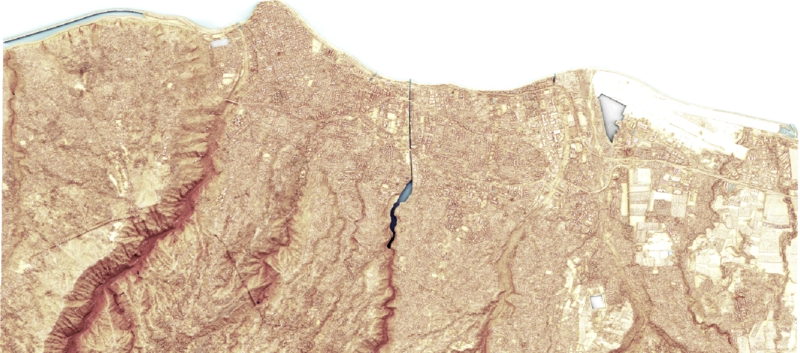 Carte en relief générée à partir de données altimétriques, de nuages de points et de données OpenStreetMap - shaded maps