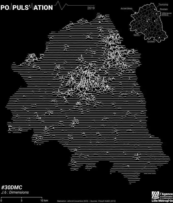 Carte de la population carroyée du territoire du SCOT de Lille Métropole en 2019 façon Joy Division