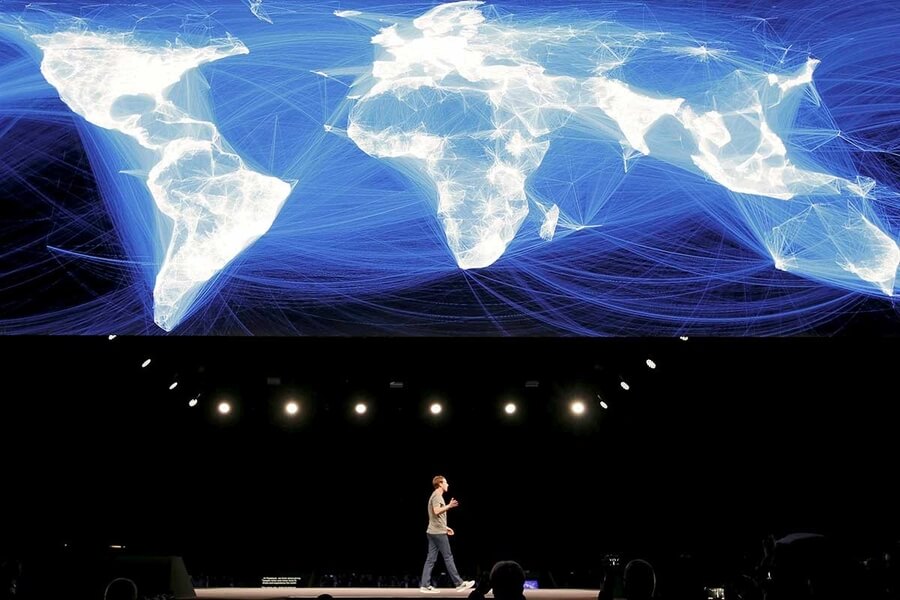 Mark Zuckerberg devant une carte générée avec IA et Big Data